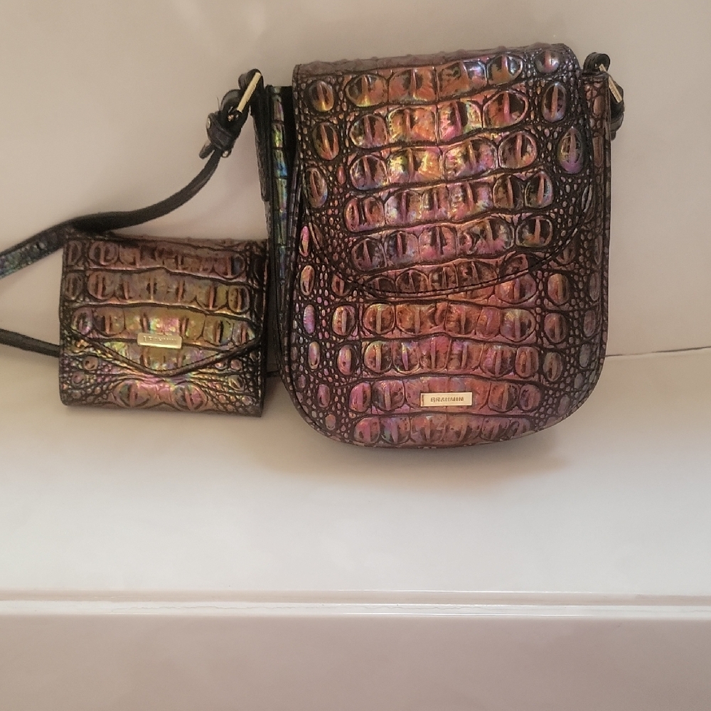 Brahmin Iridescent Croc-Embossed Crossbody in Purple and Bronze